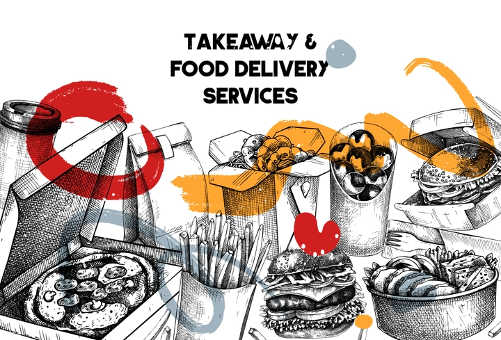 Fast food background. Hand drawn vector illustration. Collage style. Food delivery, takeaway food, takeout food in paper box, fast food menu design. Pizza, burger, coffee, noodles, poke, sushi sketch
